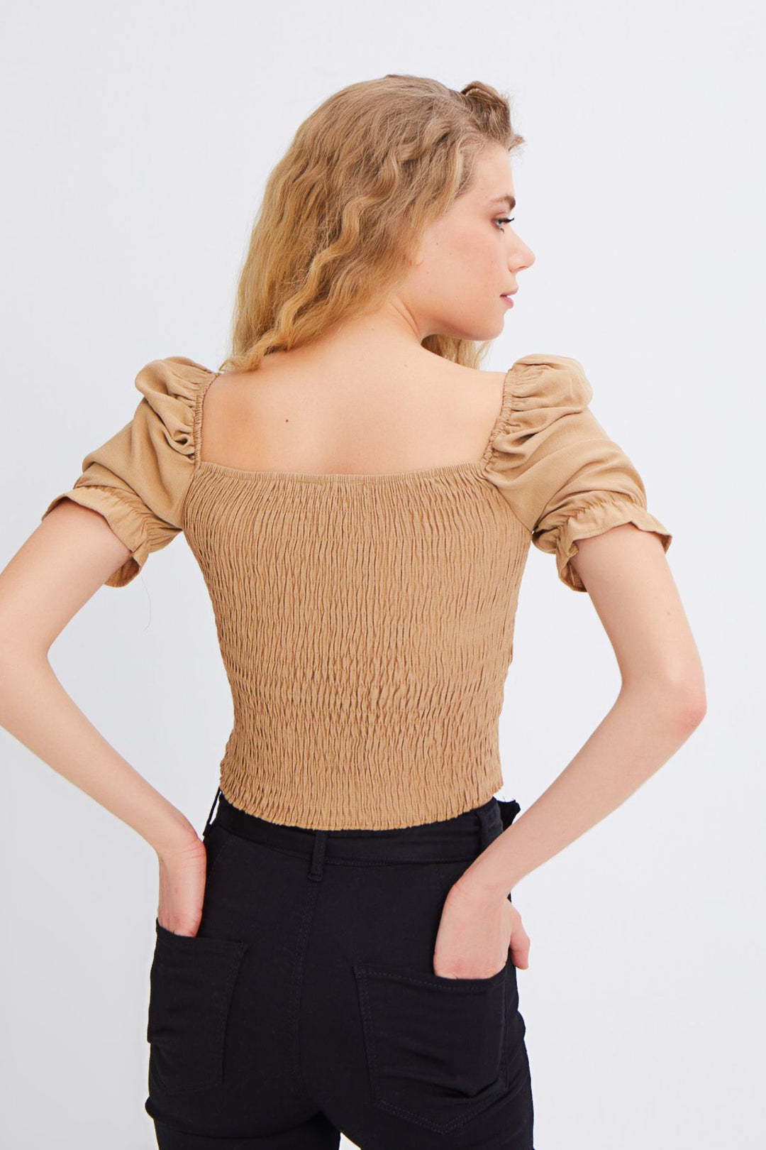 Balon Kol V Yaka Crop Bluz Camel