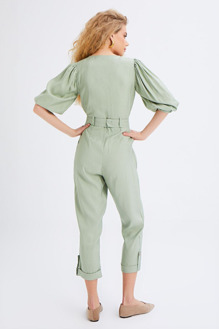 V Neck Waist Belted Jumpsuit Mint