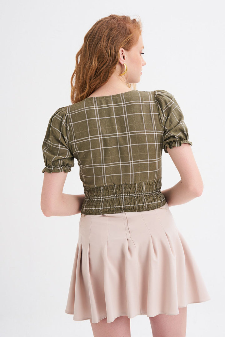 V Neck Plaid Linen Blouse Khaki