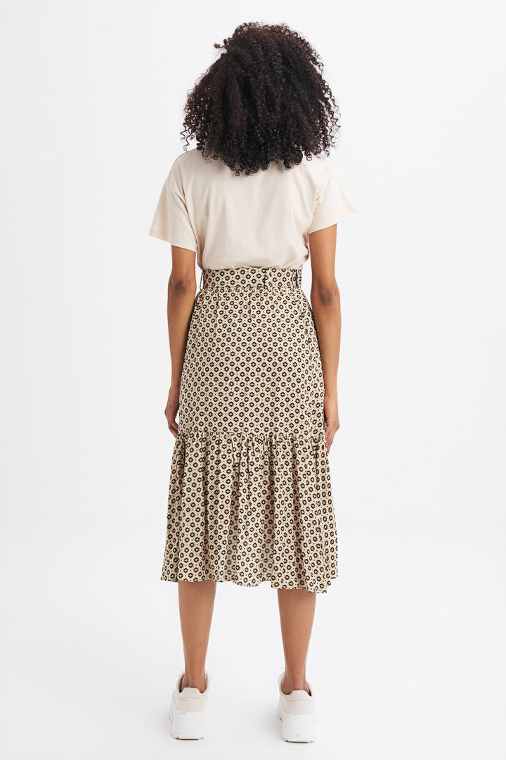 Patterned Belt Detailed Wrapped Skirt Beige
