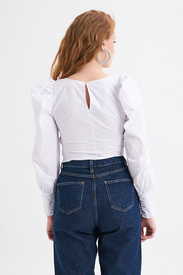 Balon Kol Gipeli Bluz Beyaz