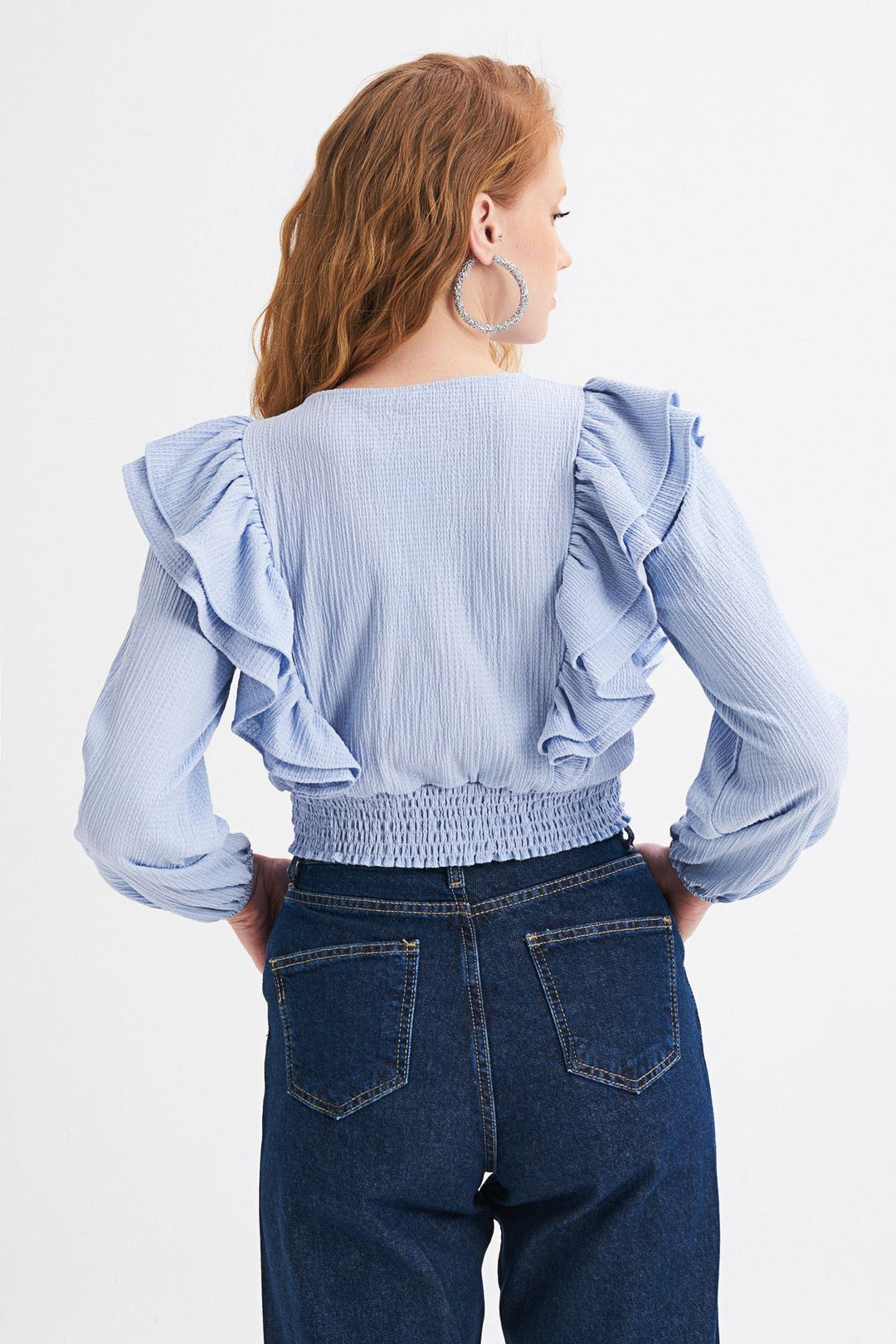 Ruffled Crop Blouse With Waist Gippe Blue