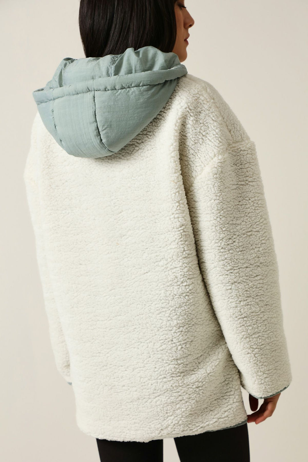 Hooded Plush Detailed Coat Ecru