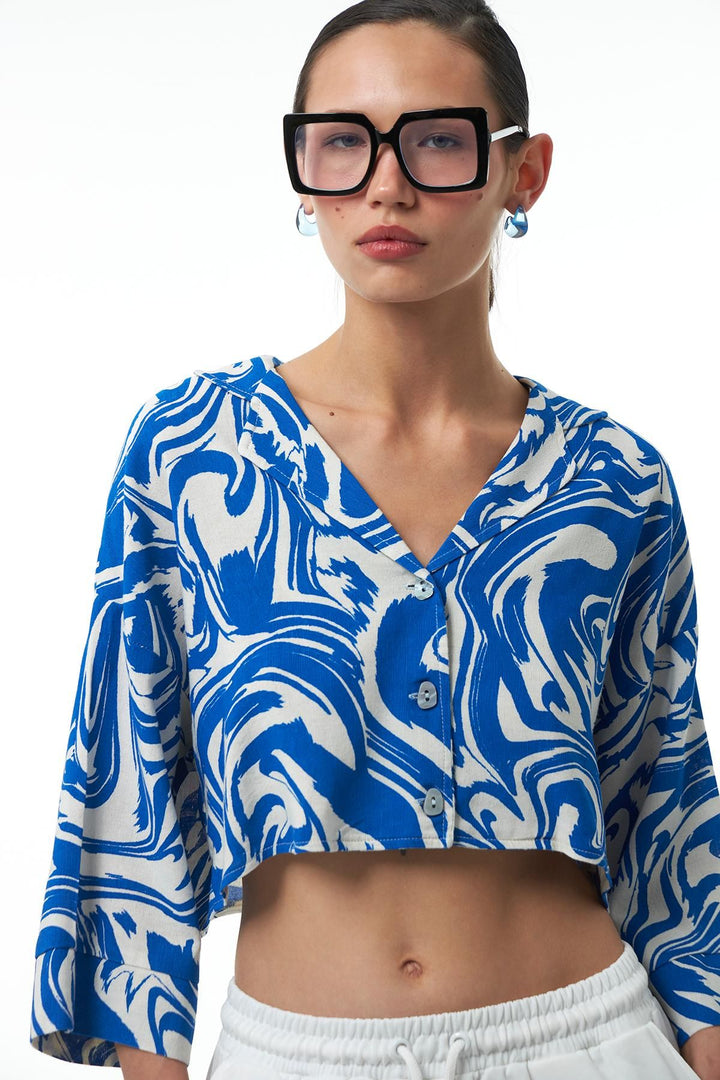 Desenli Keten Crop Gömlek Sax