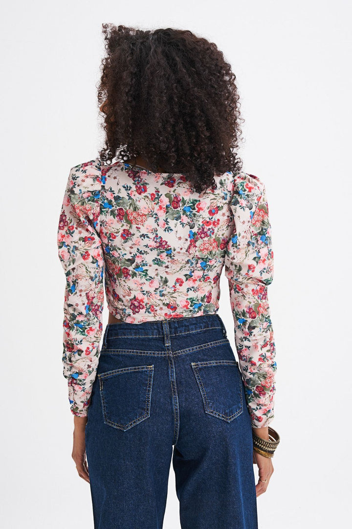 Floral Patterned Button Front Waistband Blouse Beige