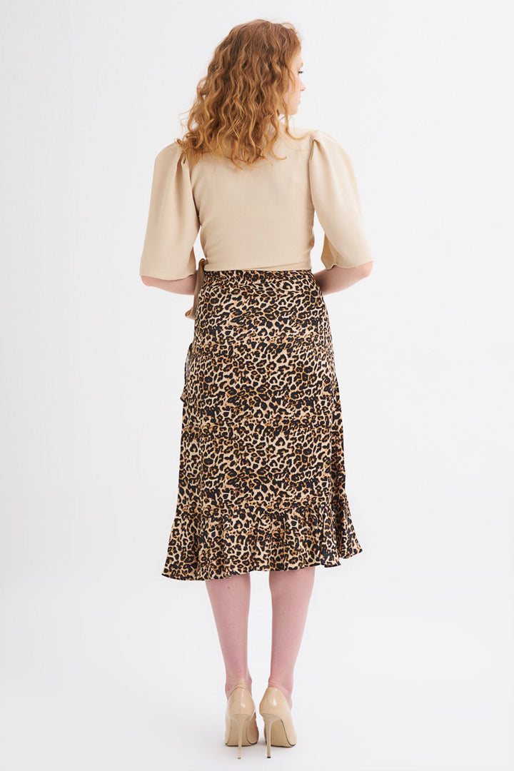 Leopard Patterned Ruffle Skirt Brown