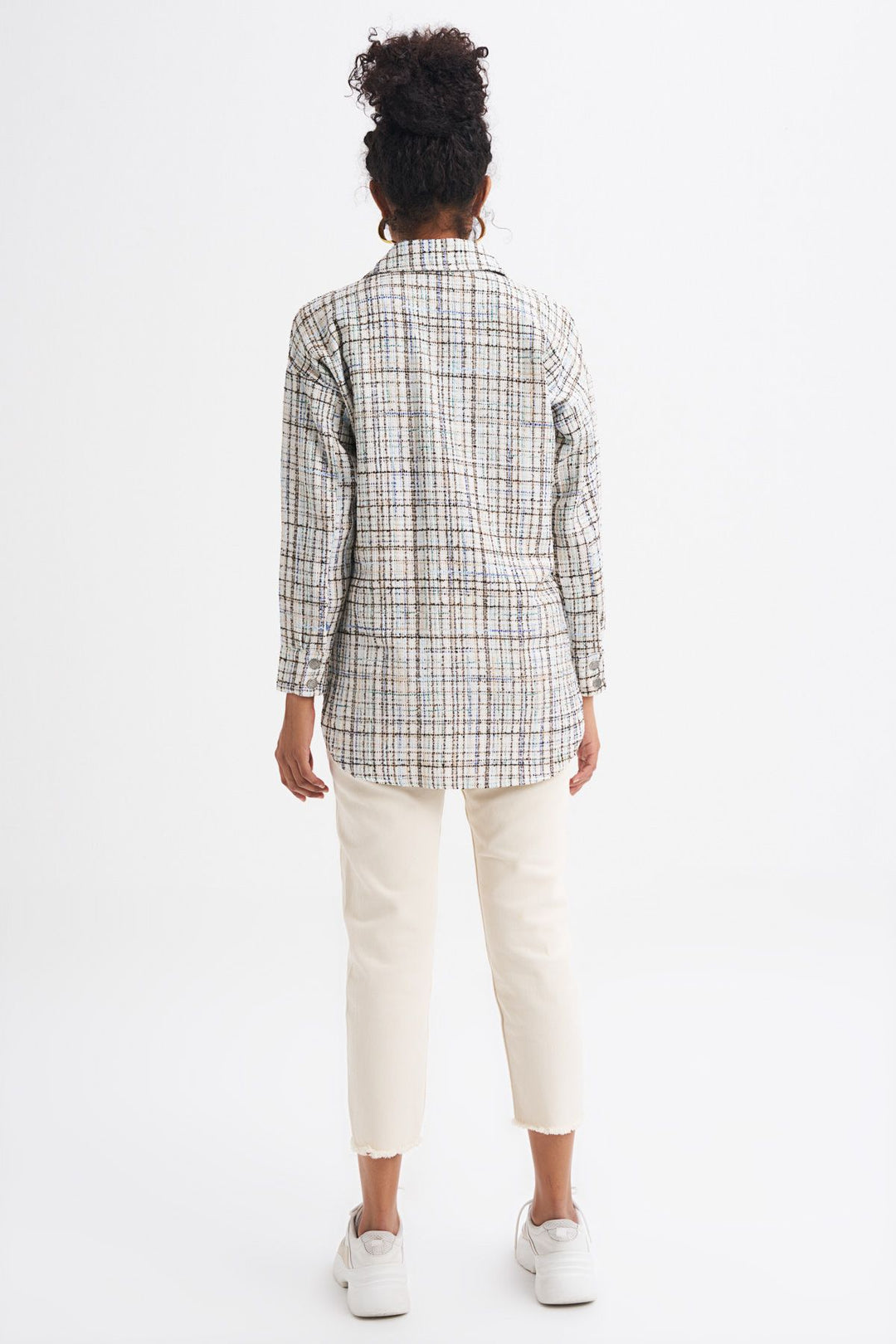 Tweed Pocketed Plaid Shirt Blue