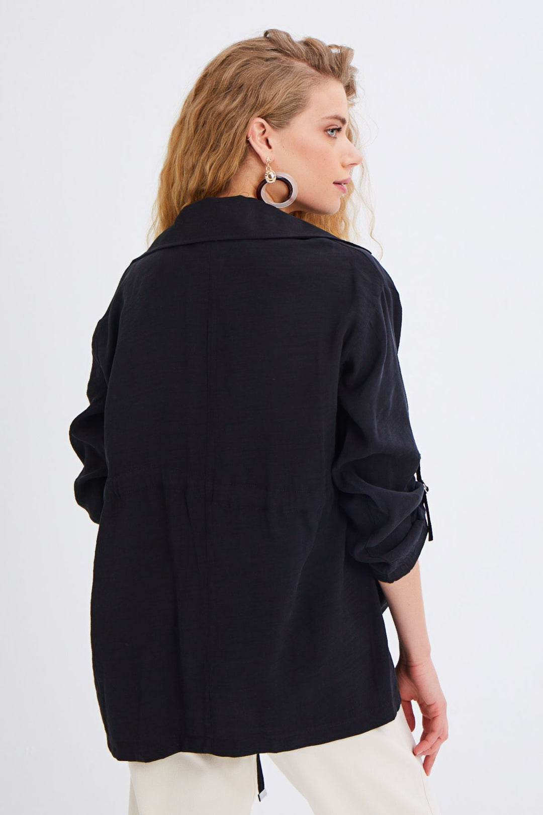 Beli Büzgülü V Yaka Ceket Siyah