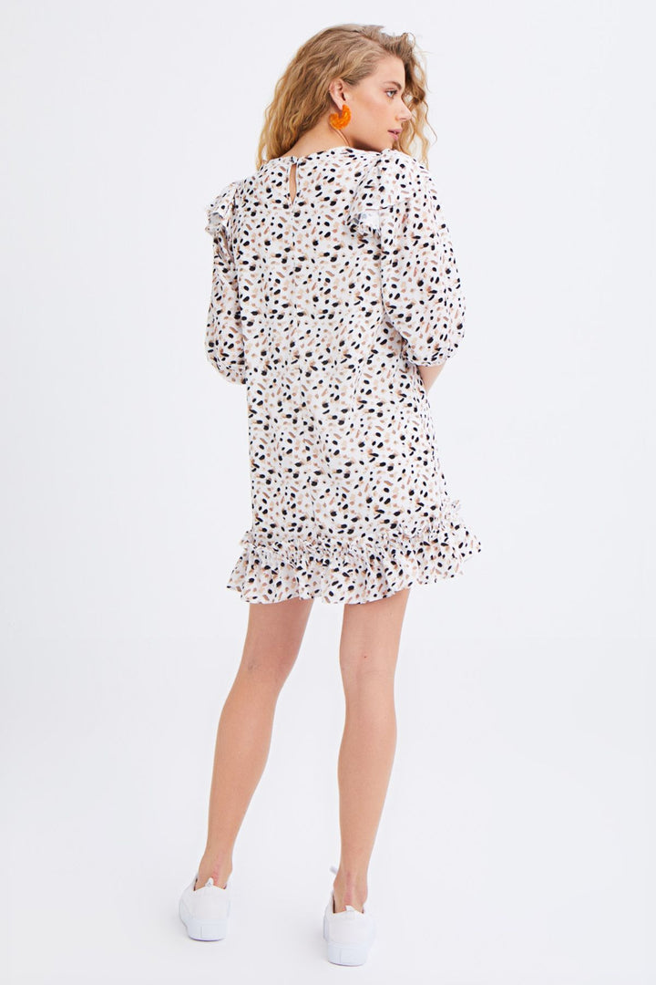 Patterned Ruffle Detailed Dress Ecru