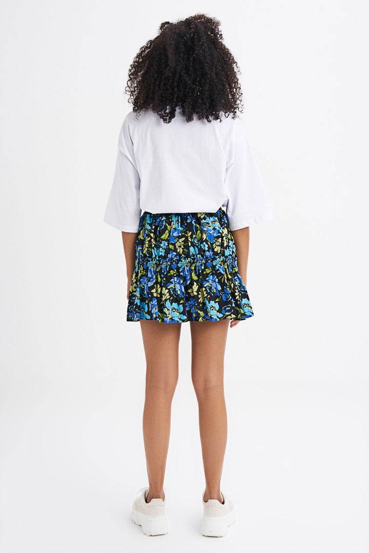Floral Pattern Elastic Waist Skirt Blue