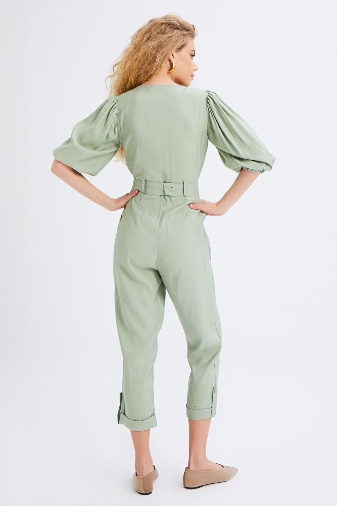 V Neck Waist Belted Jumpsuit Mint