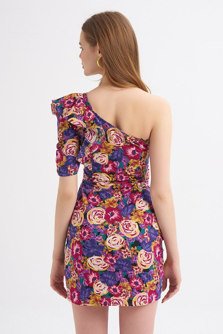 Floral Patterned One Shoulder Dress Purple