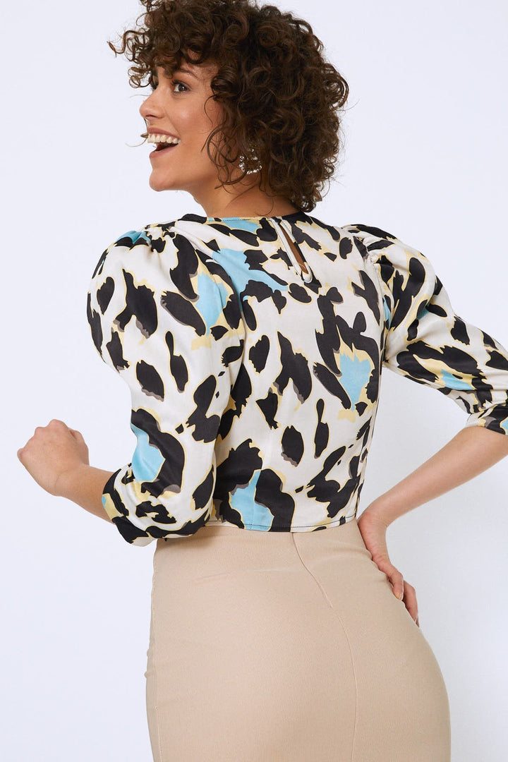 Balloon Sleeve Crop Blouse Beige