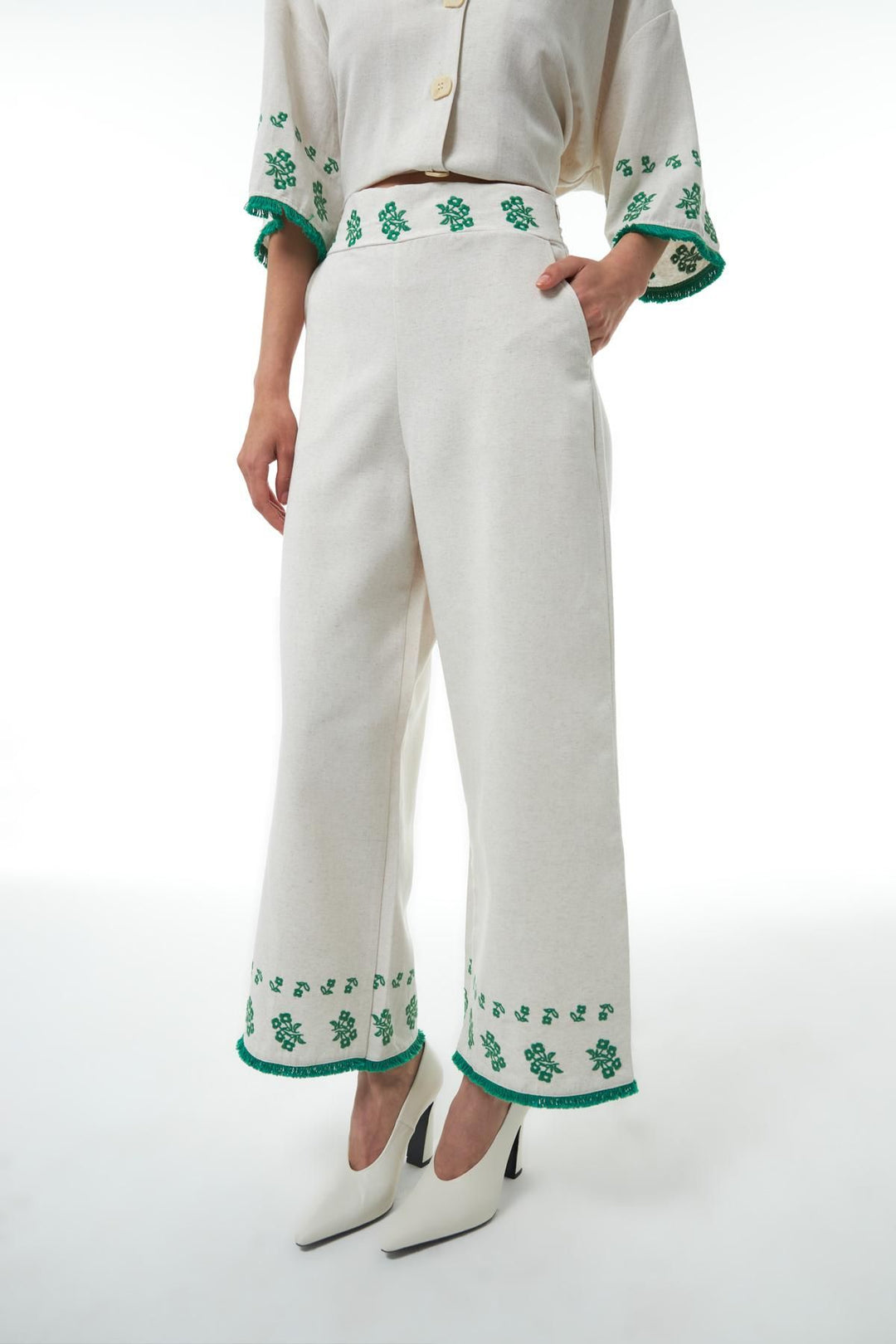 Nakış Detaylı Keten Pantolon Naturel