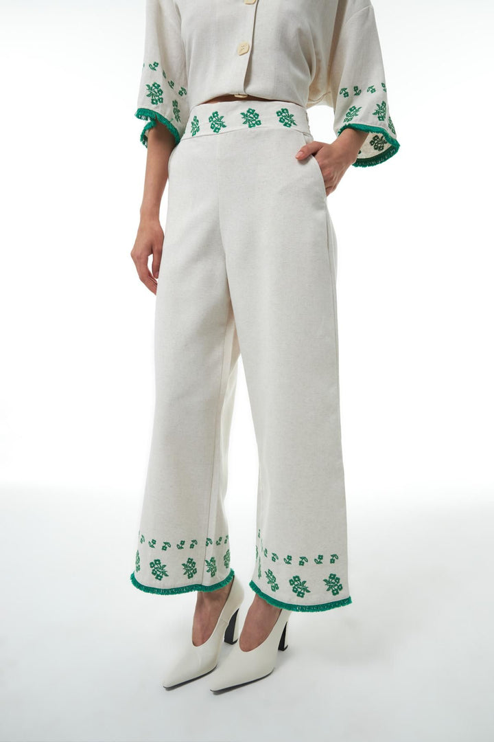 Nakış Detaylı Keten Pantolon Naturel