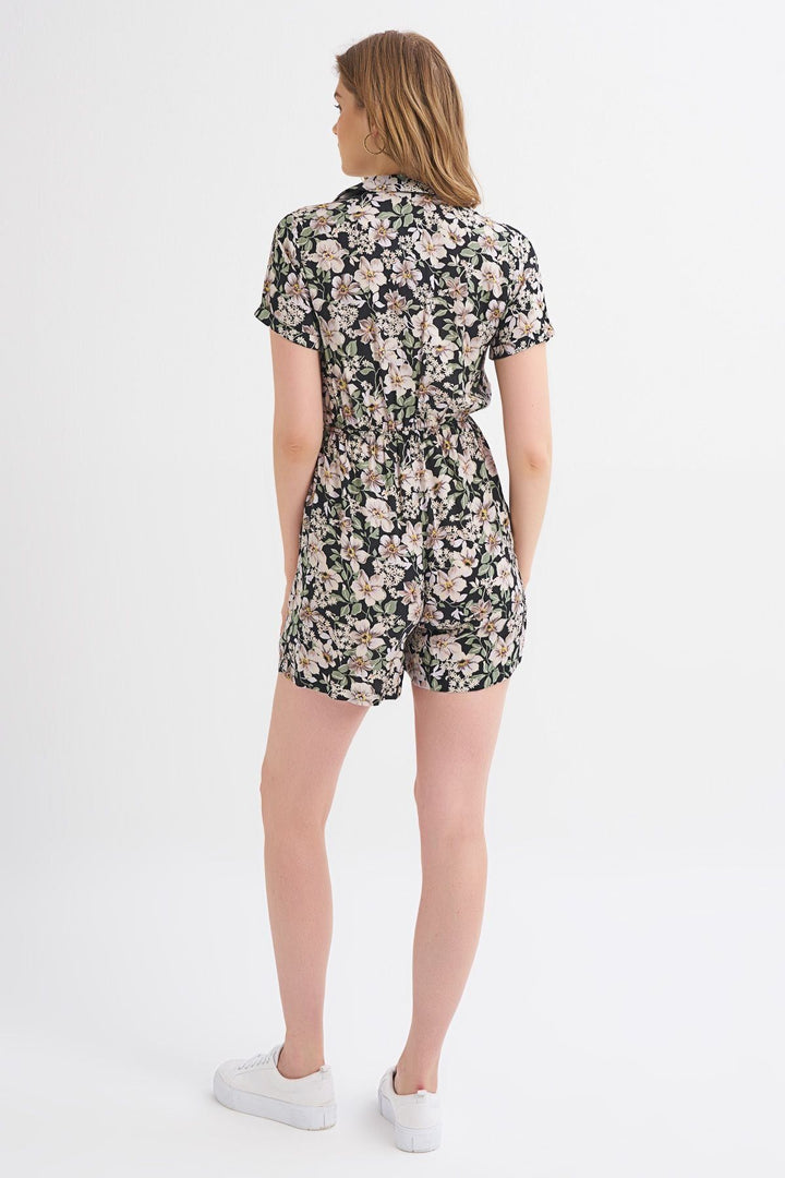 Patterned V-Neck Jumpsuit Black