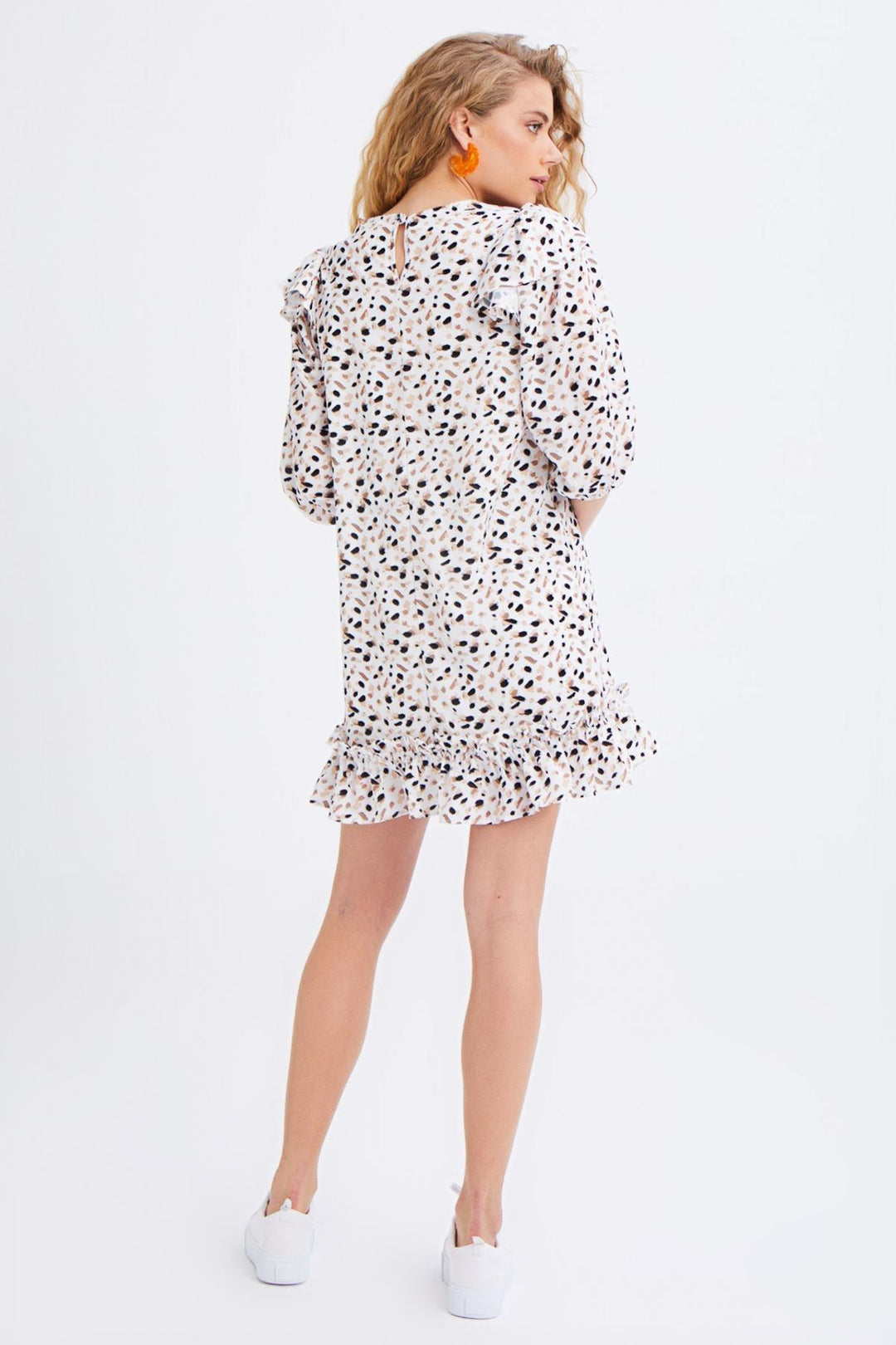 Patterned Ruffle Detailed Dress Ecru