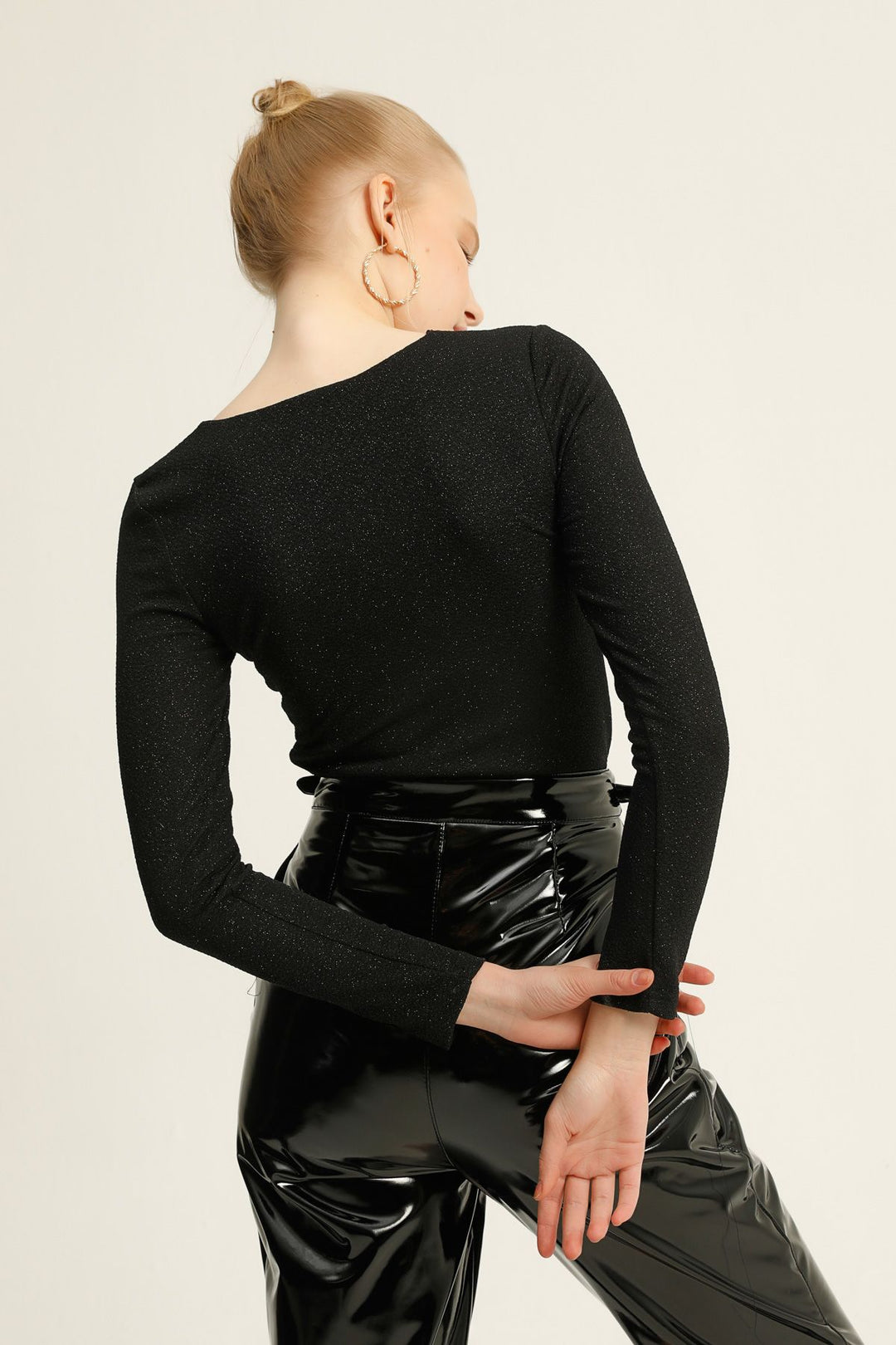 Double Breasted Silvery Bodysuit Blouse Black