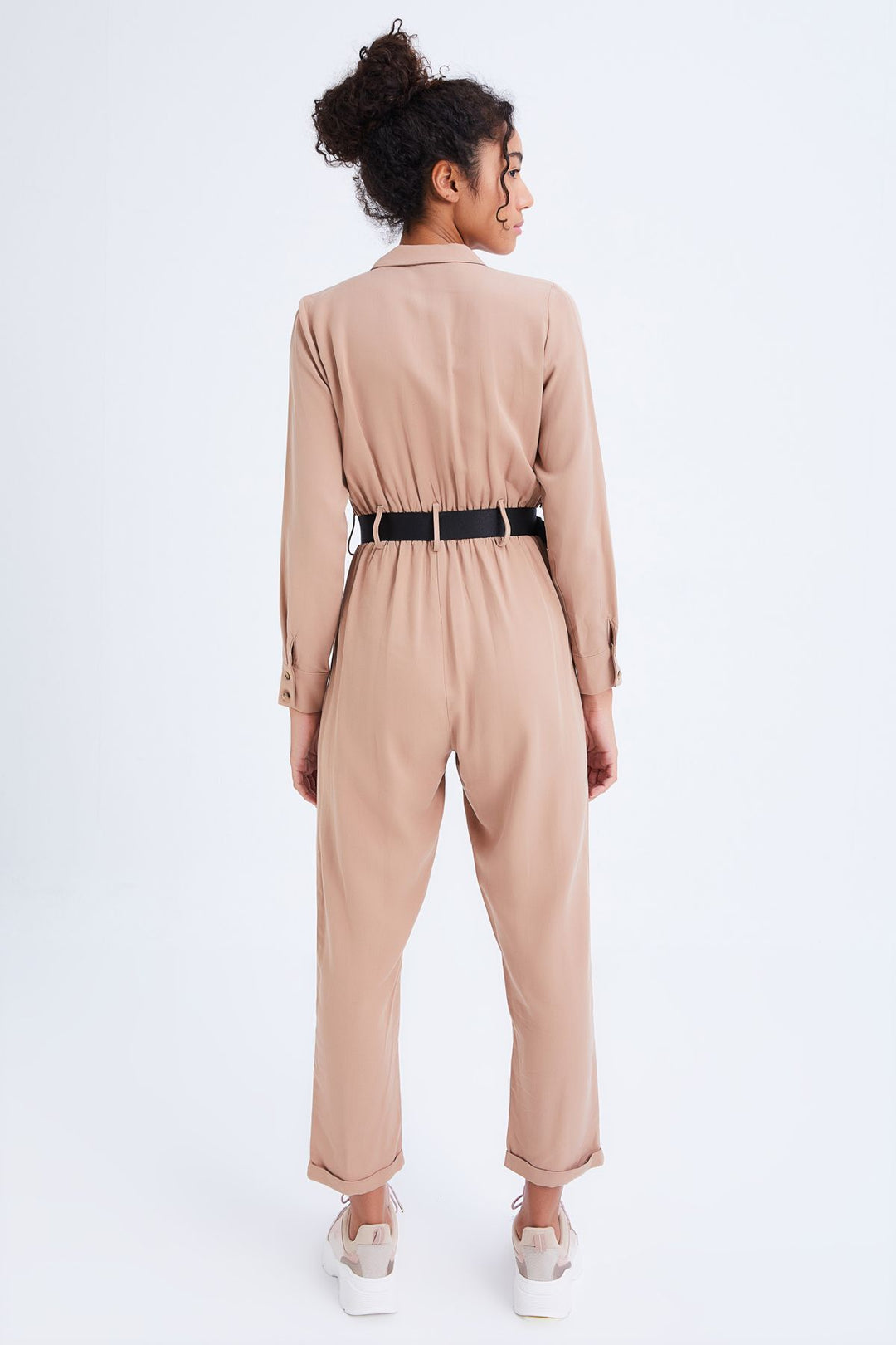 Kemerli Yazı Detaylı Tulum Camel