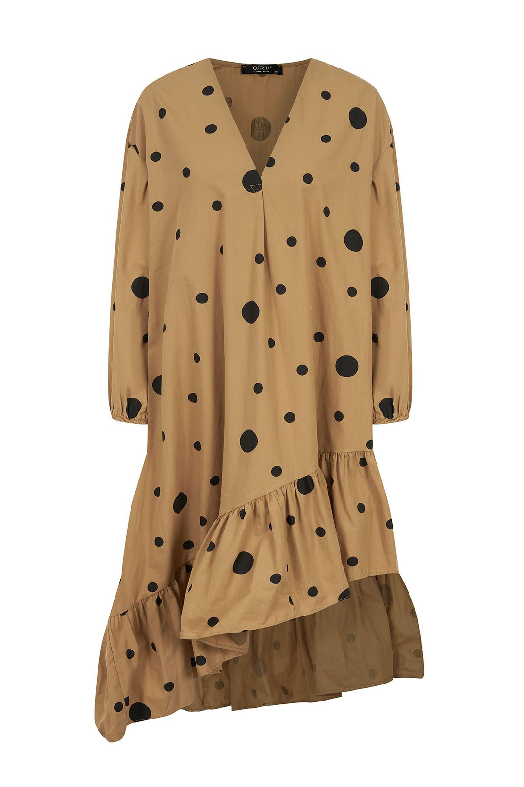 Asymmetrical Long Polka Dot Dress Camel
