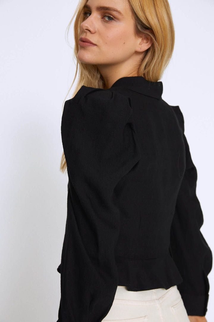 Button Front Balloon Sleeve Blouse Black