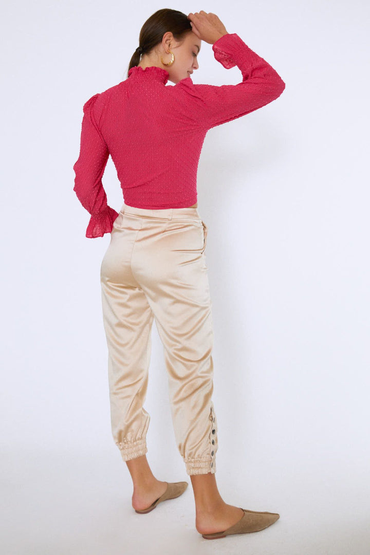 Tie Waist Long Sleeve Blouse Fuchsia