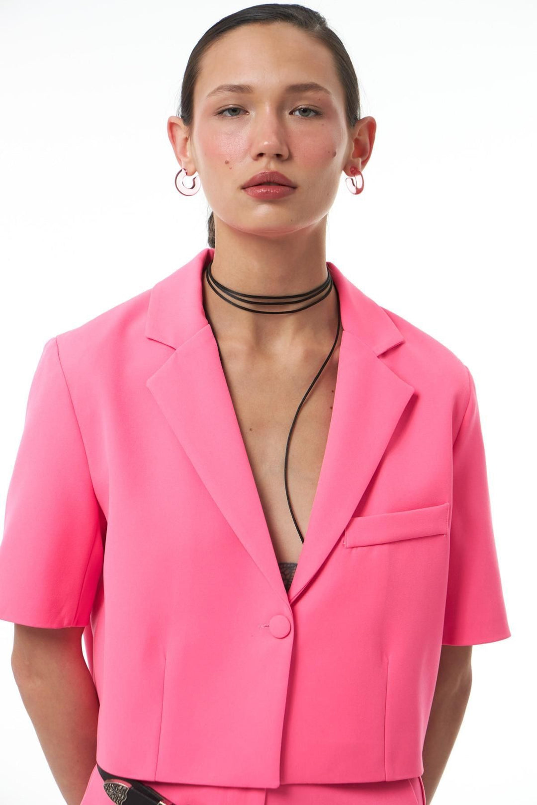 Short Sleeve Crop Blazer Jacket Neon Pink