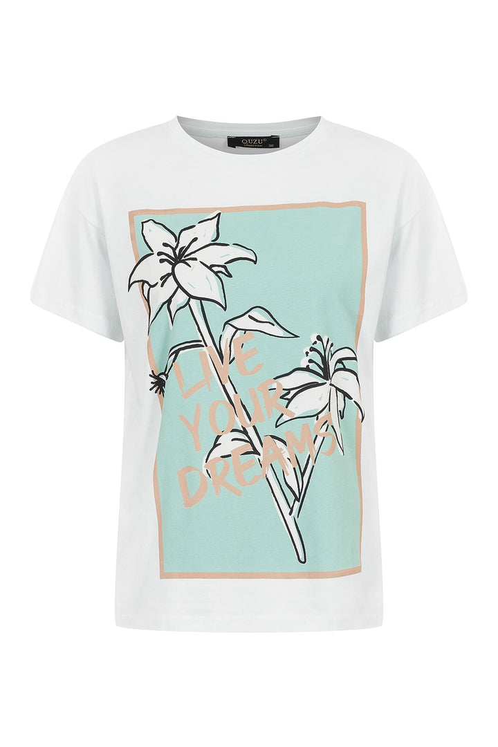 Baskılı Bisiklet Yaka Tişört Beyaz