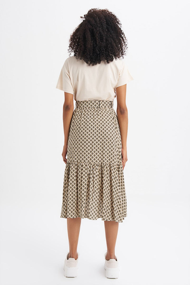 Patterned Belt Detailed Wrapped Skirt Beige