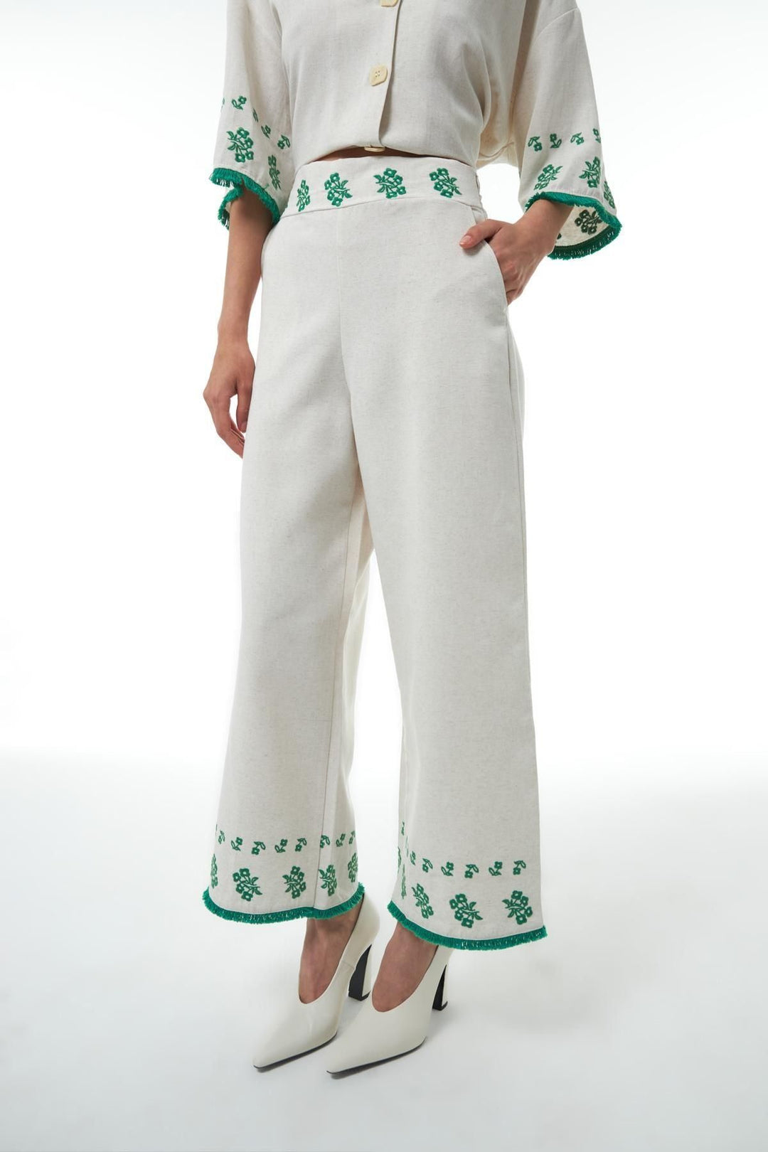 Nakış Detaylı Keten Pantolon Naturel