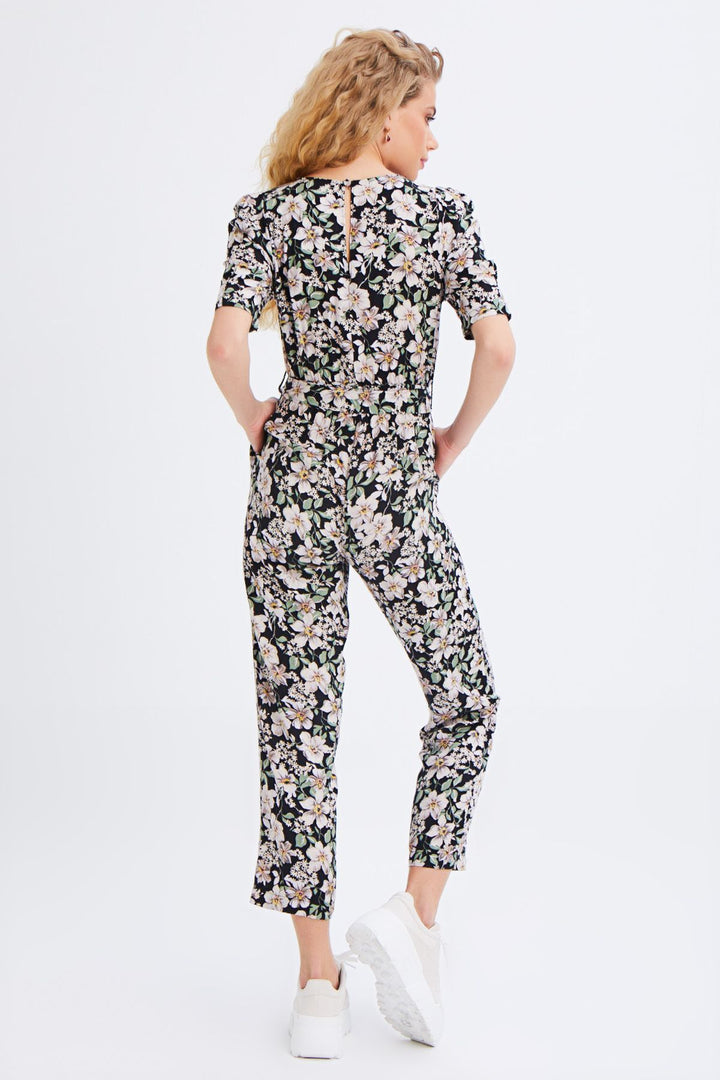 Patterned Waist Belted Double Breasted Jumpsuit Black