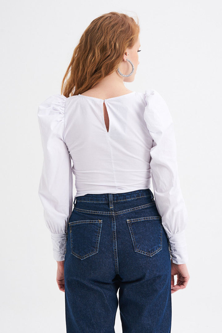 Balon Kol Gipeli Bluz Beyaz