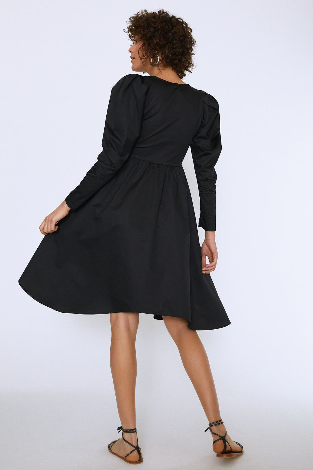 Balloon Sleeve V Neck Midi Dress Black
