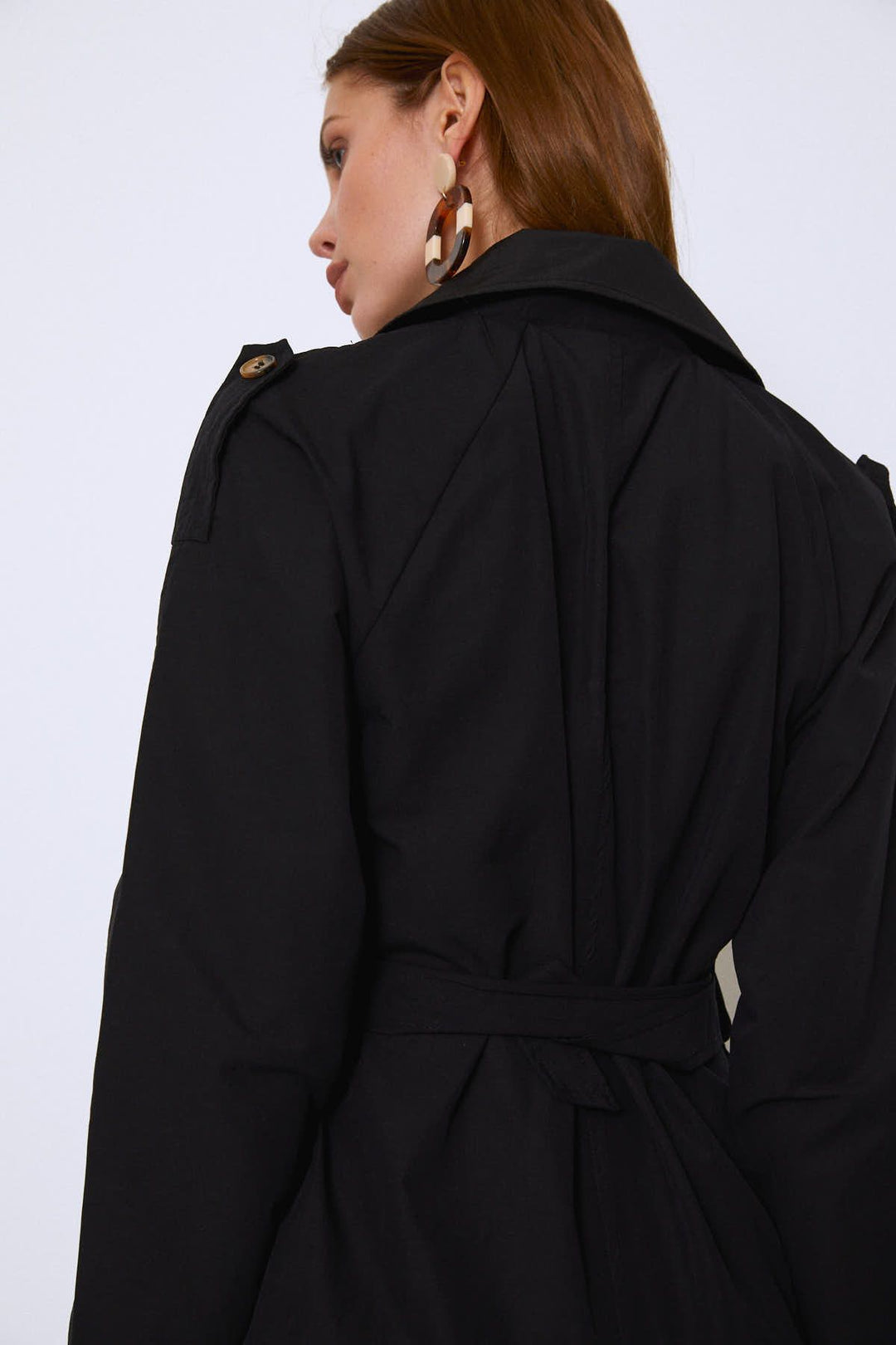 Epaulette Waist Belted Trench Coat Black