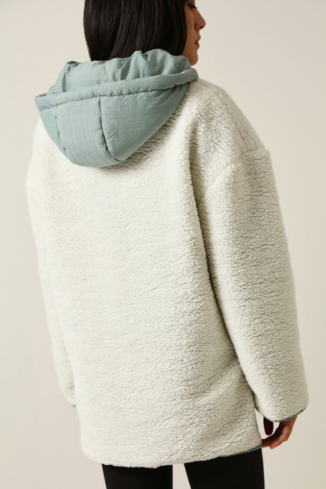 Hooded Plush Detailed Coat Ecru