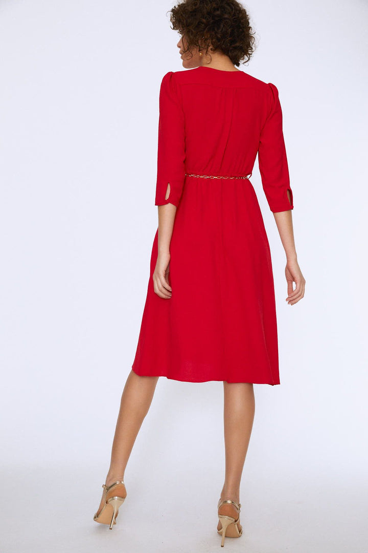 Chain Belt Double Breasted Dress Red