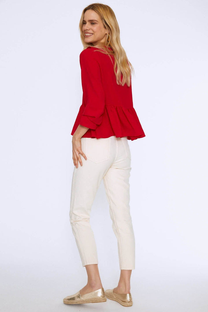 Ruffle Front V Neck Blouse Red