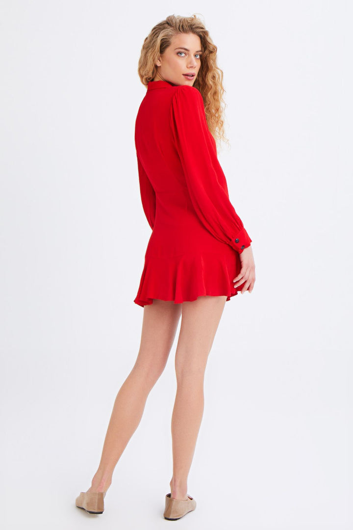 Double Breasted Buttoned Ruffle Dress Red