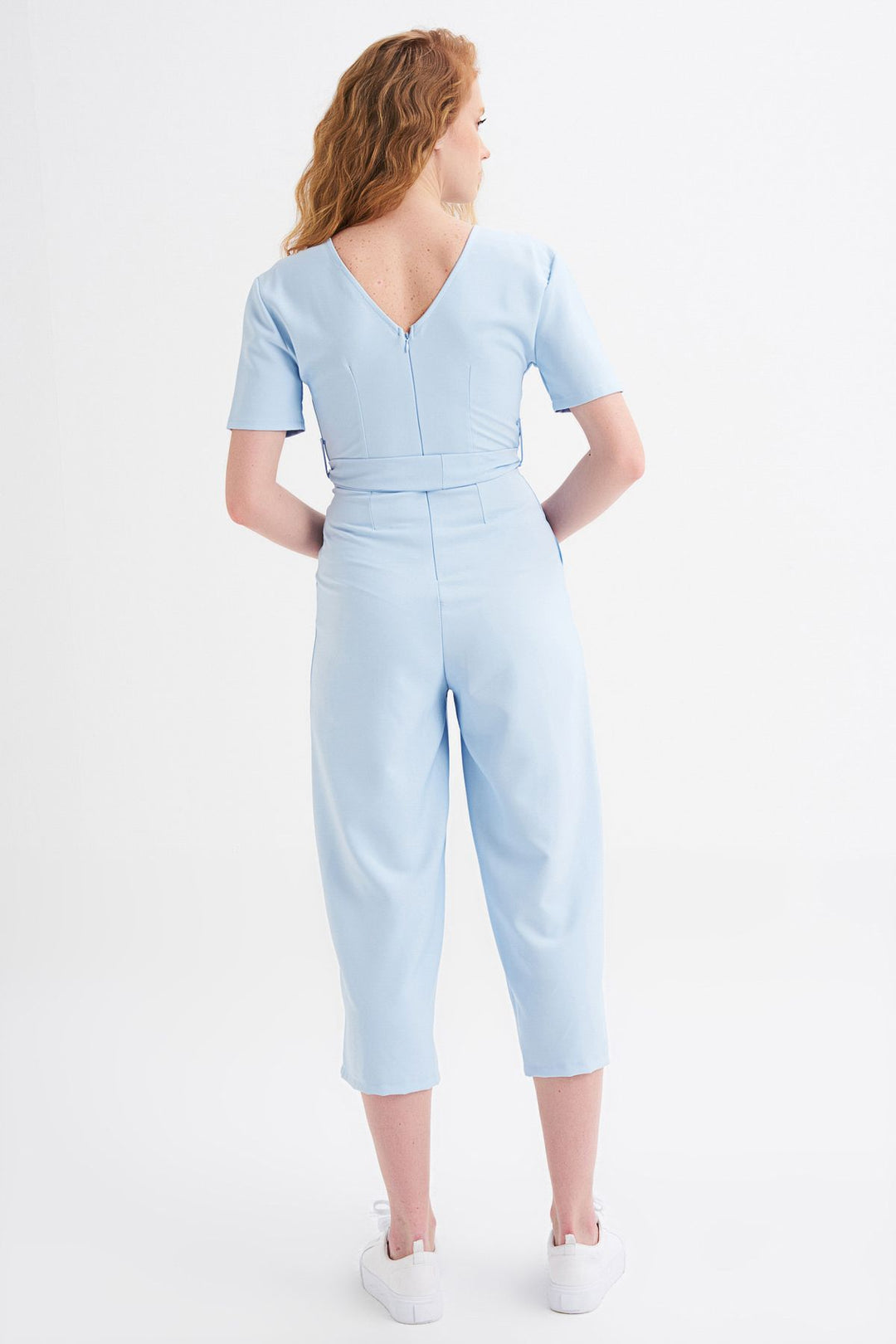 Kruvaze Beli Kuşaklı Tulum Bebe Mavi