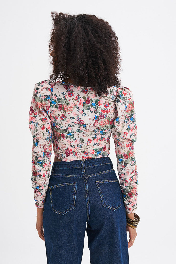 Floral Patterned Button Front Waistband Blouse Beige