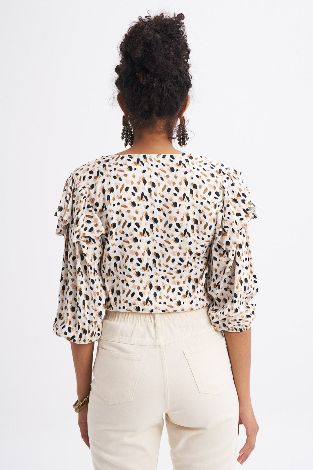 Patterned Tie Front Blouse Ecru