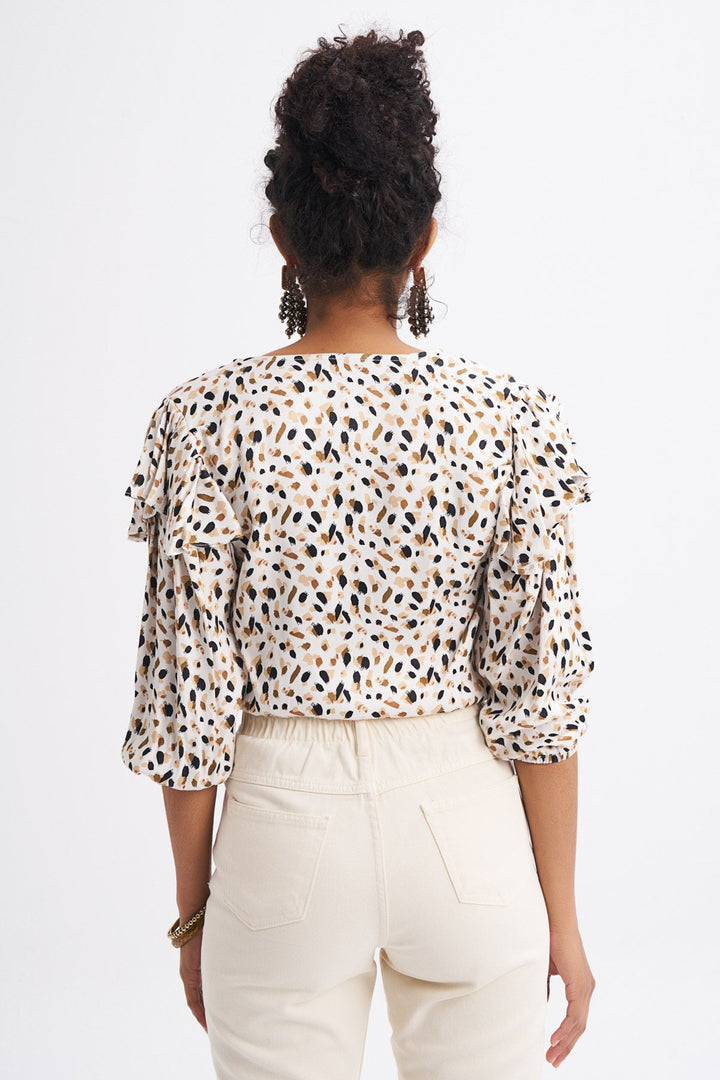 Patterned Tie Front Blouse Ecru