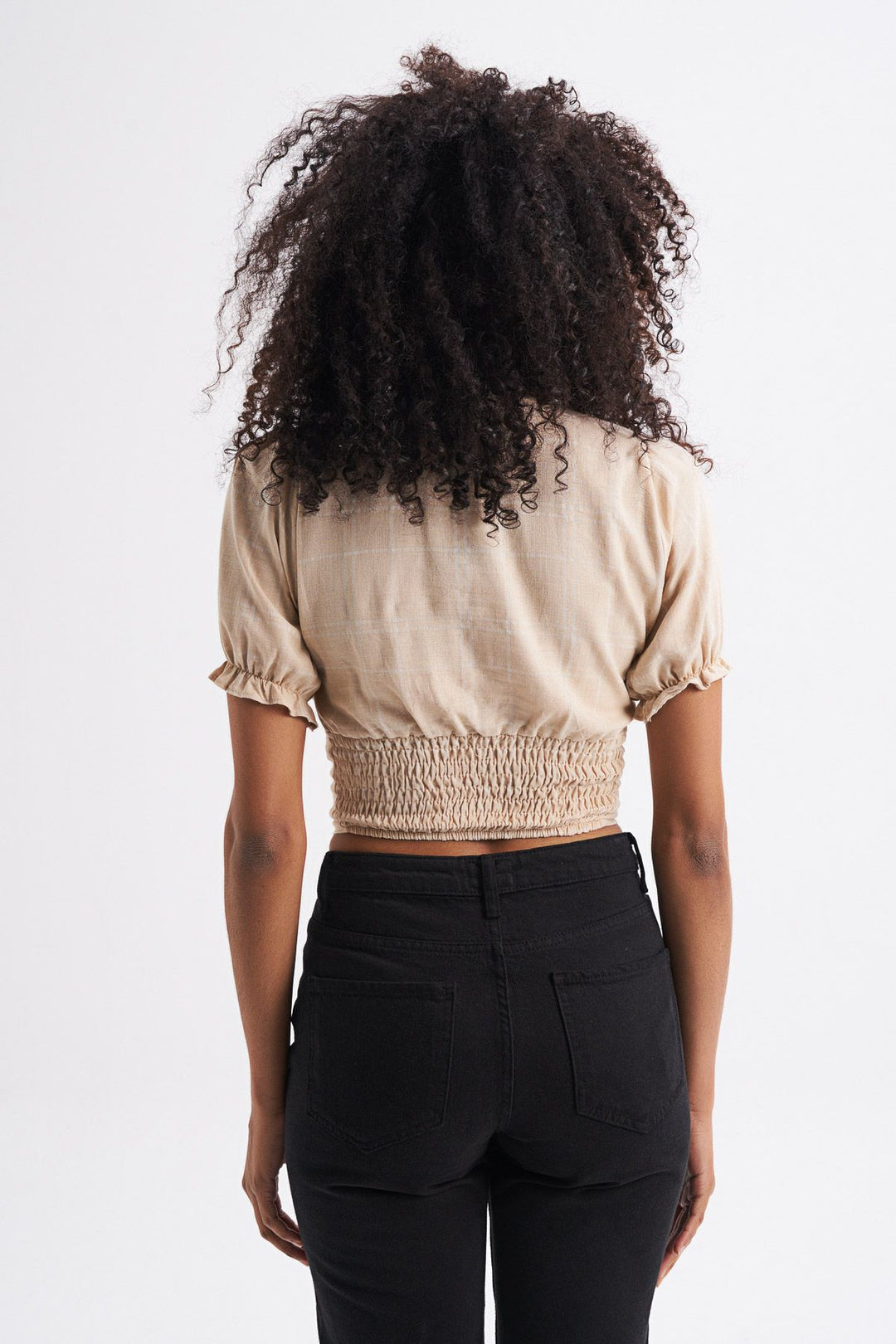 V Neck Plaid Linen Blouse Beige