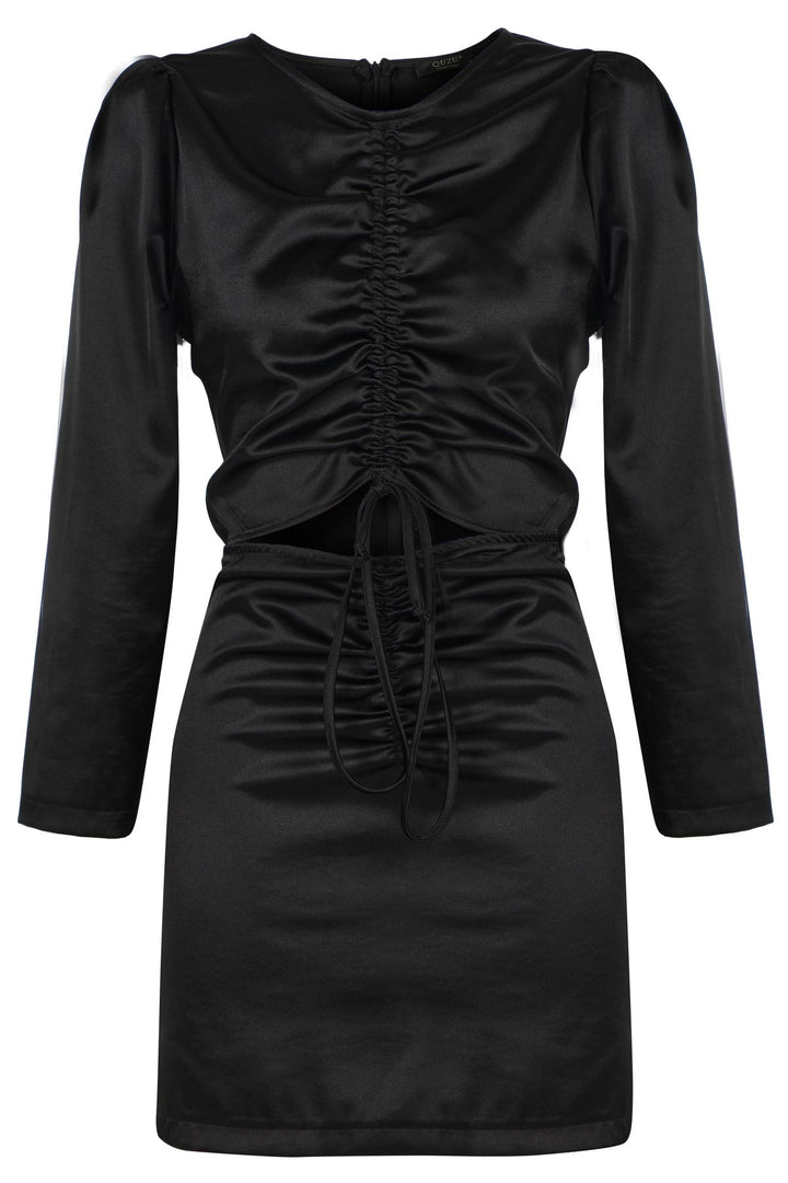 Büzgülü Saten Mini Elbise Siyah