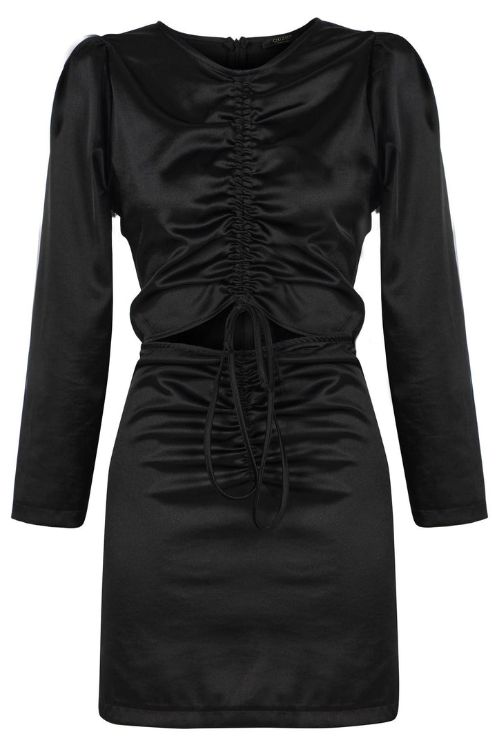 Büzgülü Saten Mini Elbise Siyah