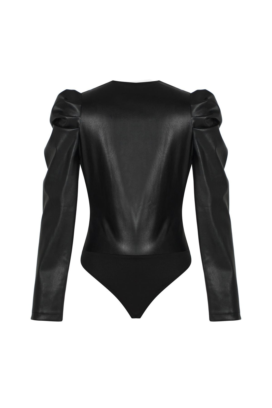 Asimetrik Balon Kol Deri Bodysuit Siyah