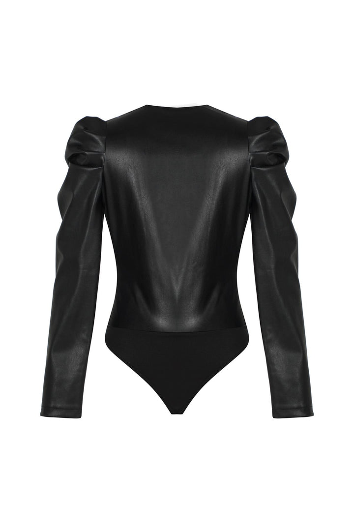 Asimetrik Balon Kol Deri Bodysuit Siyah