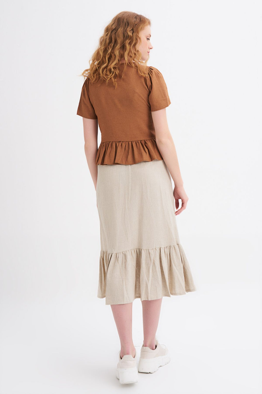 Buttoned Slit Linen Skirt Natural