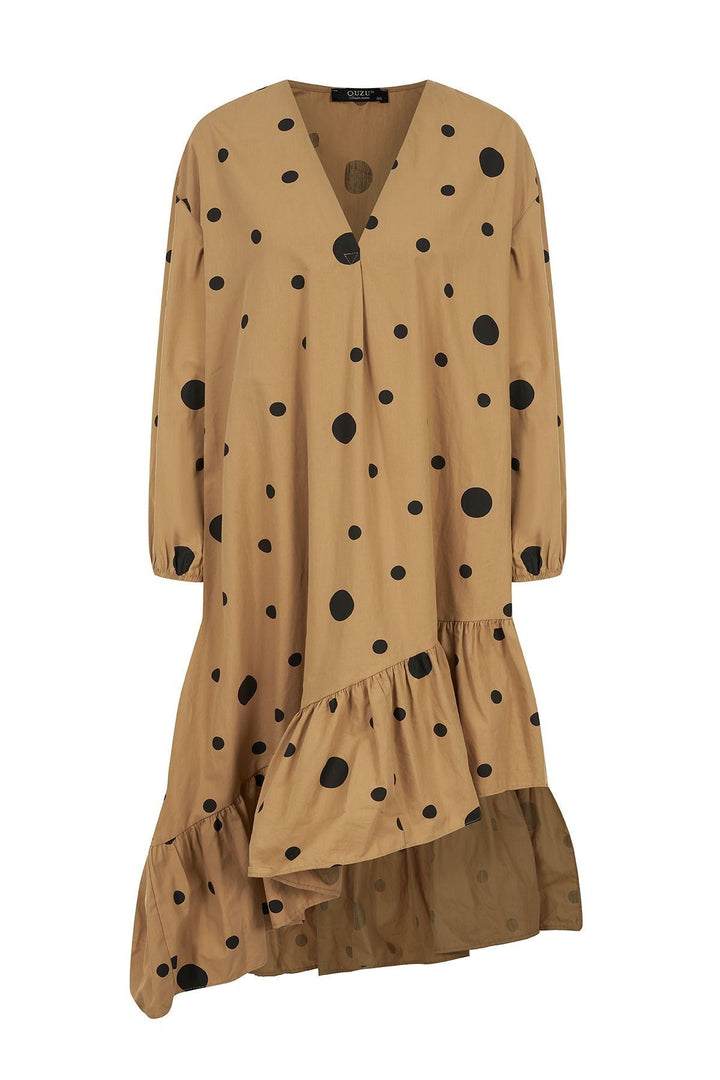 Asymmetrical Long Polka Dot Dress Camel
