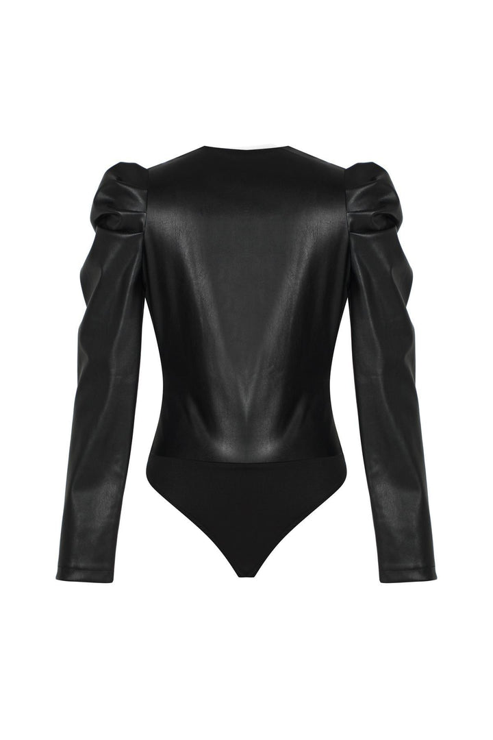 Asimetrik Balon Kol Deri Bodysuit Siyah